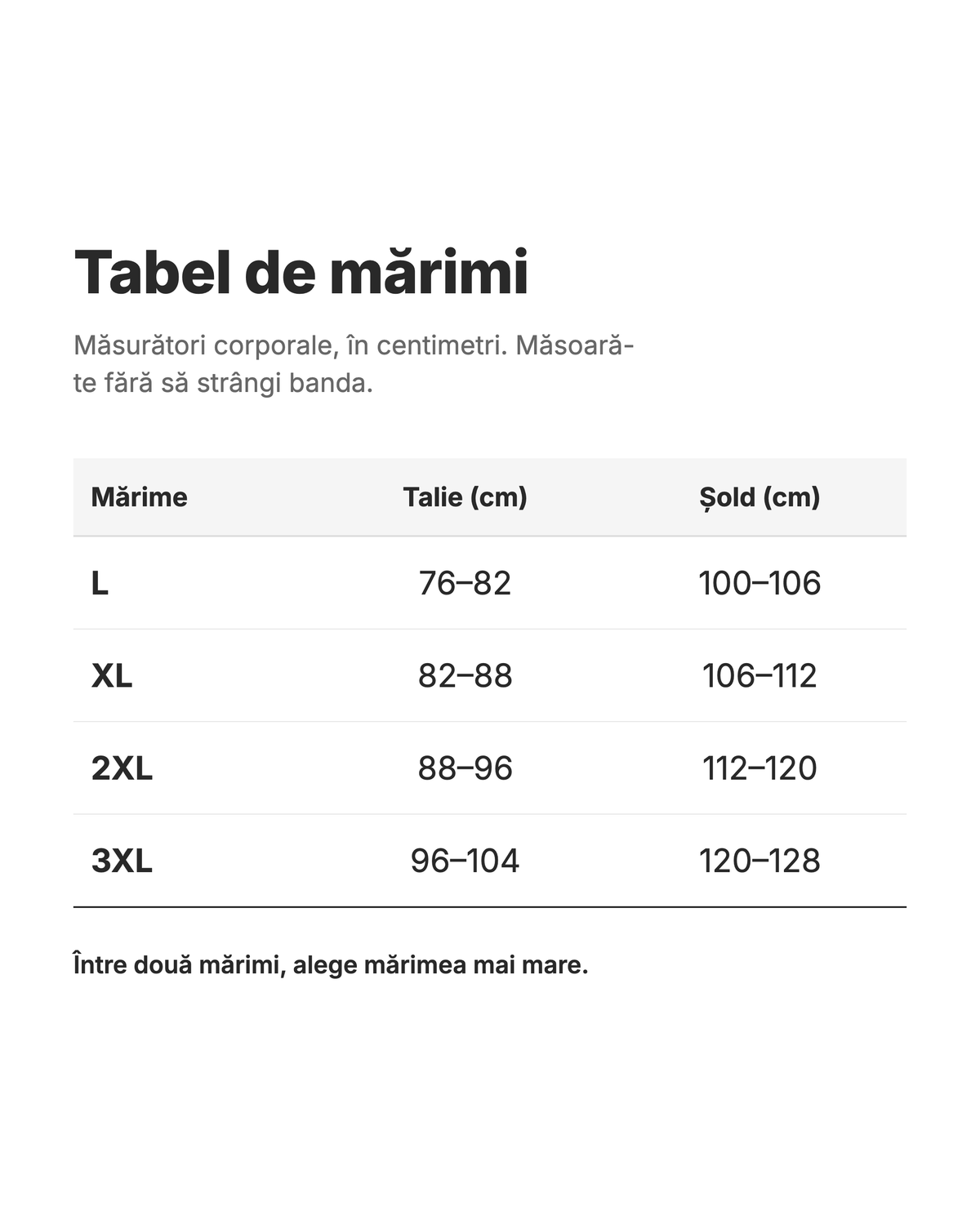 Tabel de mărimi în centimetri — Pantaloni