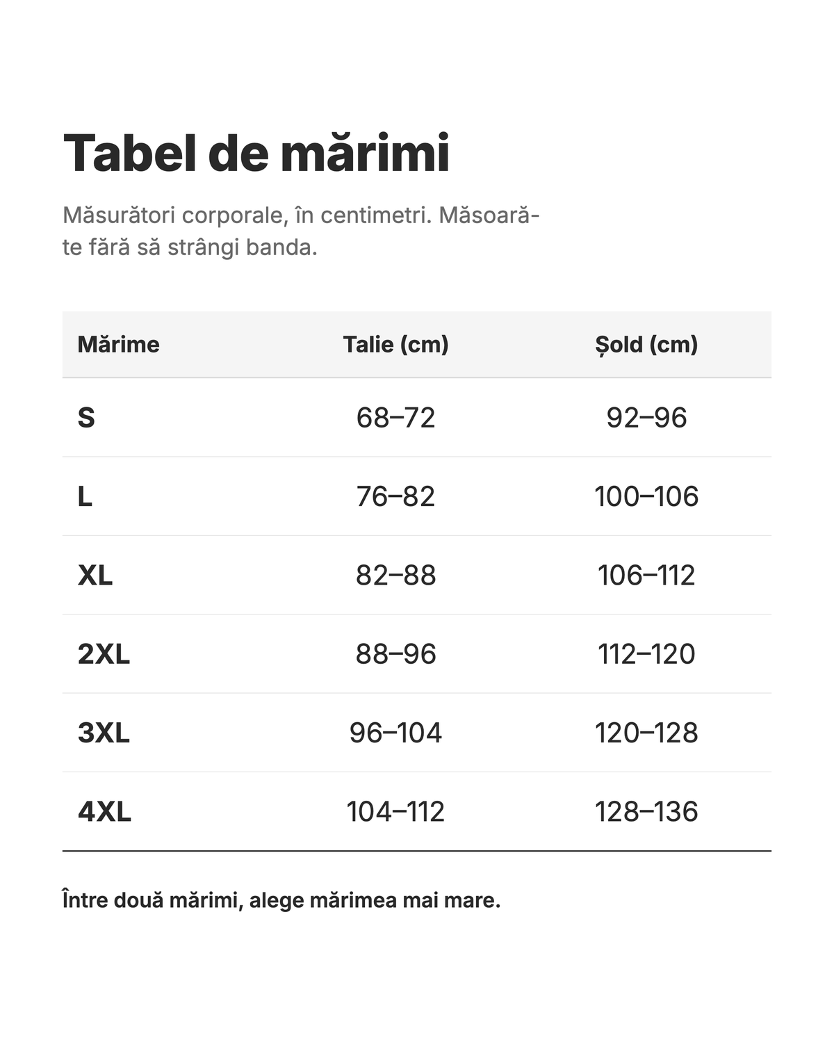 Tabel de mărimi în centimetri — Talie și șold